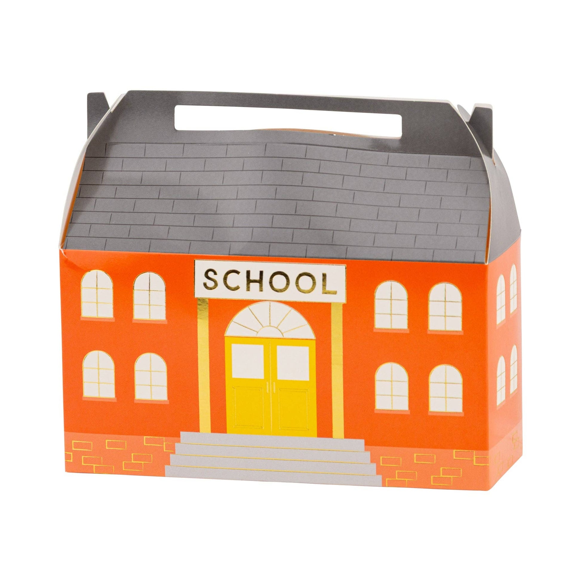 Cardboard box designed like a school house building with a gray roof and reddish-orange body and "SCHOOL" marked over doorway.