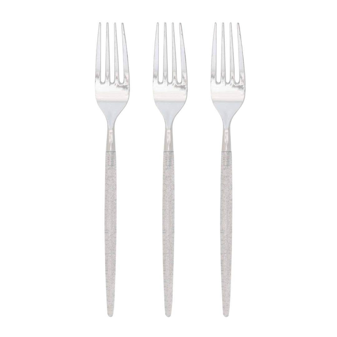 Chic Round Two-Tone Silver Glitter Plastic Forks - 32pk