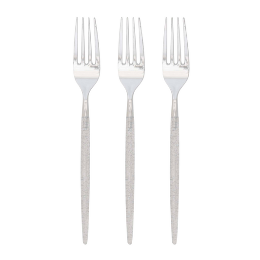 Chic Round Two-Tone Silver Glitter Plastic Forks - 32pk