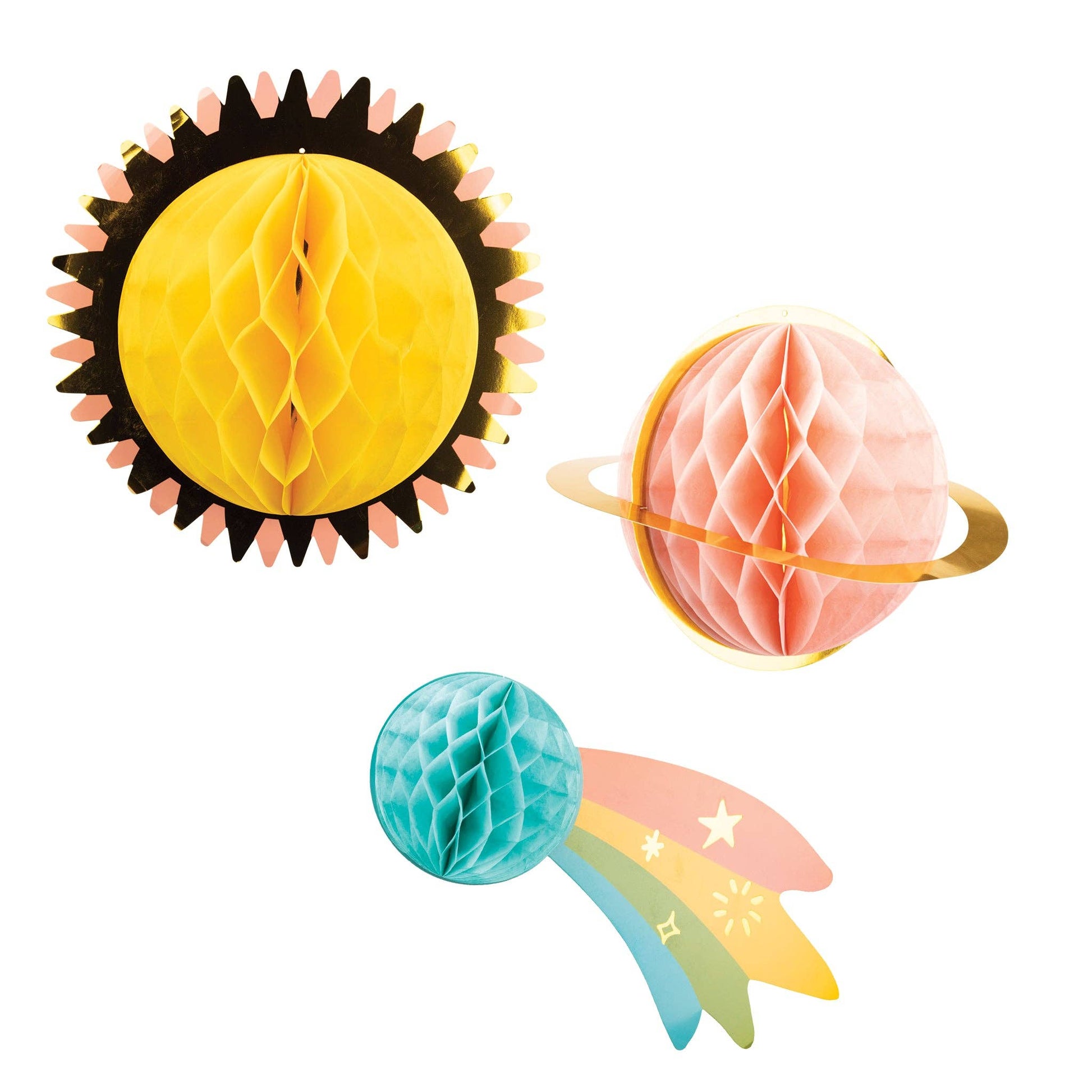 A set of three tissue honeycomb decorations designed to look like planets, with gold foil accents, against a white background.