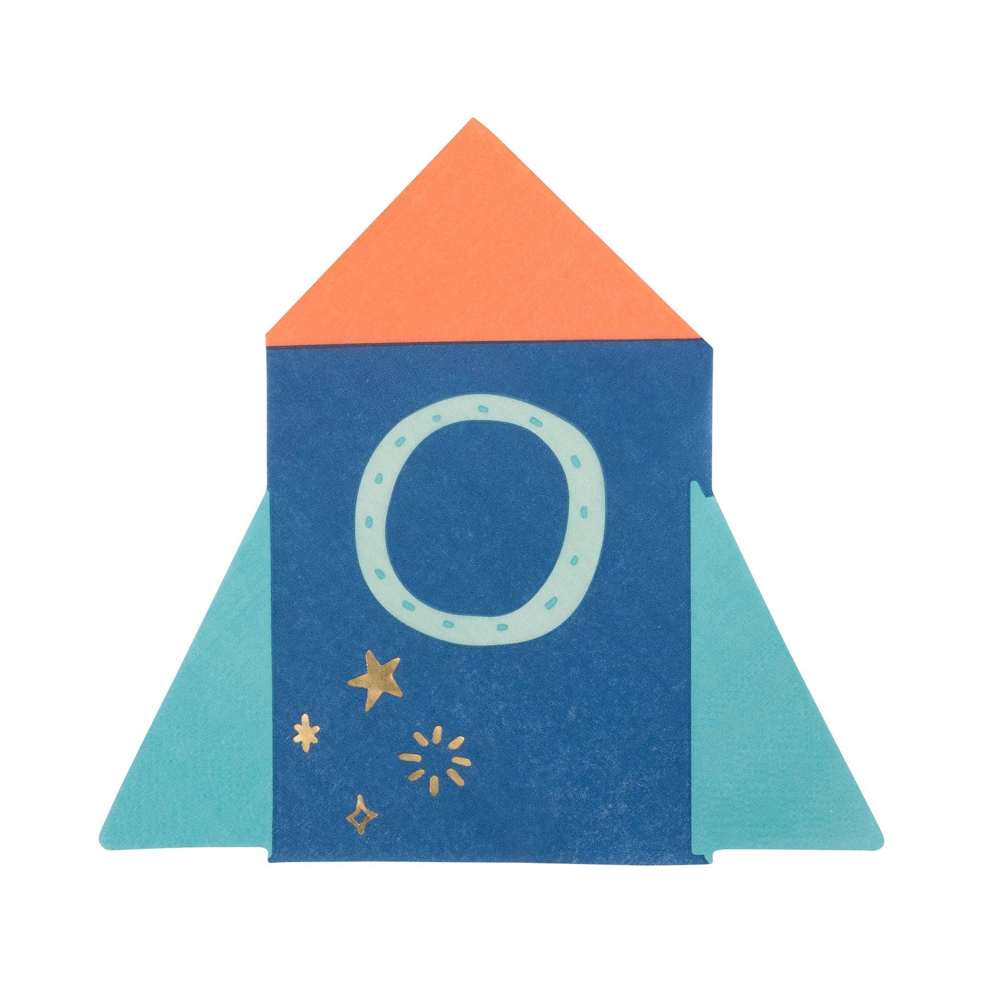 Colorful paper rocket with a blue body, orange top, and teal wings on a white background