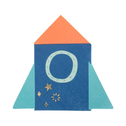 Colorful paper rocket with a blue body, orange top, and teal wings on a white background