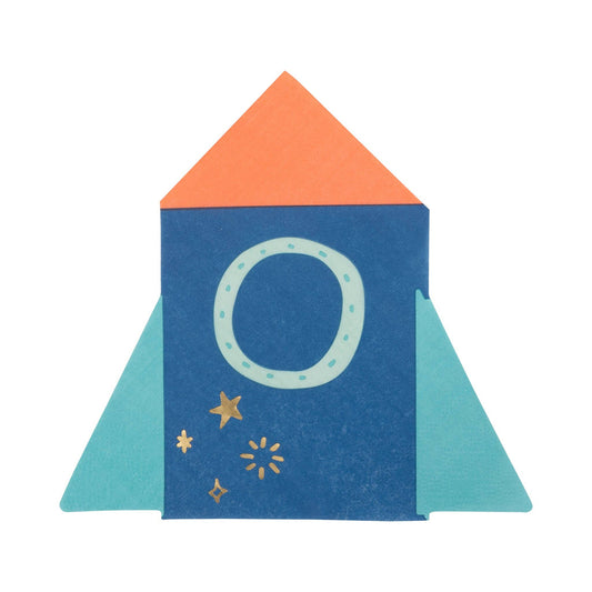 Colorful paper rocket with a blue body, orange top, and teal wings on a white background