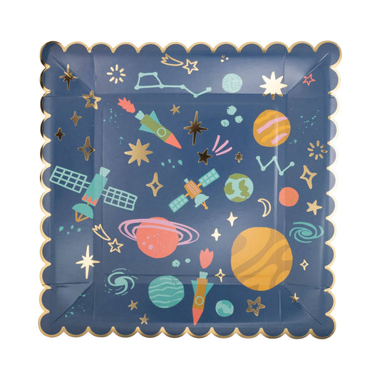 Space-themed paper plate with planets, stars, and rockets on a blue background