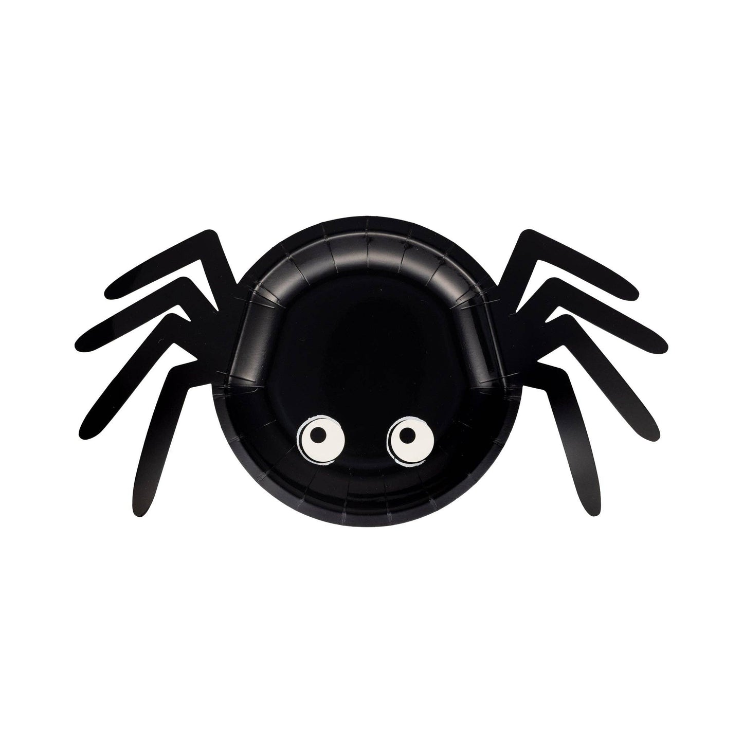 Black spider-shaped paper plate with googly eyes.