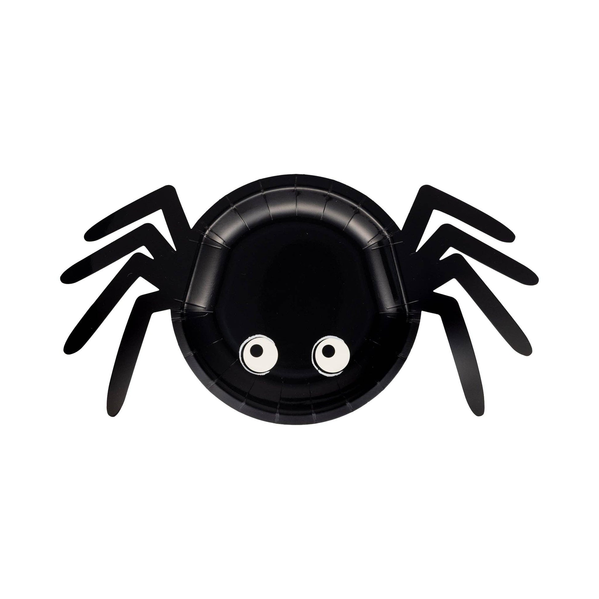 Black spider-shaped paper plate with googly eyes.