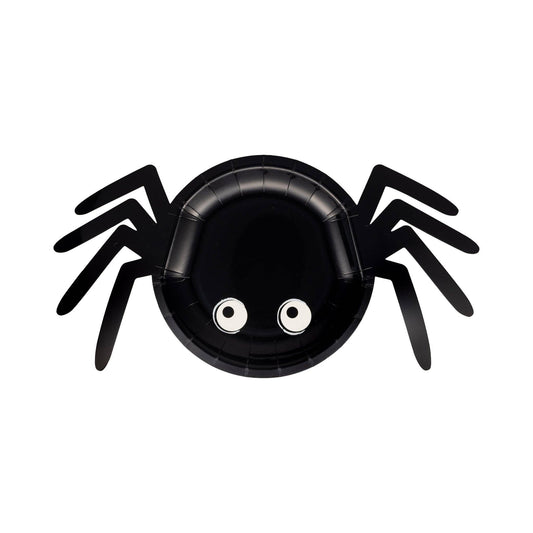Black spider-shaped paper plate with googly eyes.