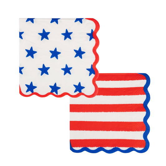 Decorative paper beverage napkins with stars and stripes designs, like an American flag, on a white background