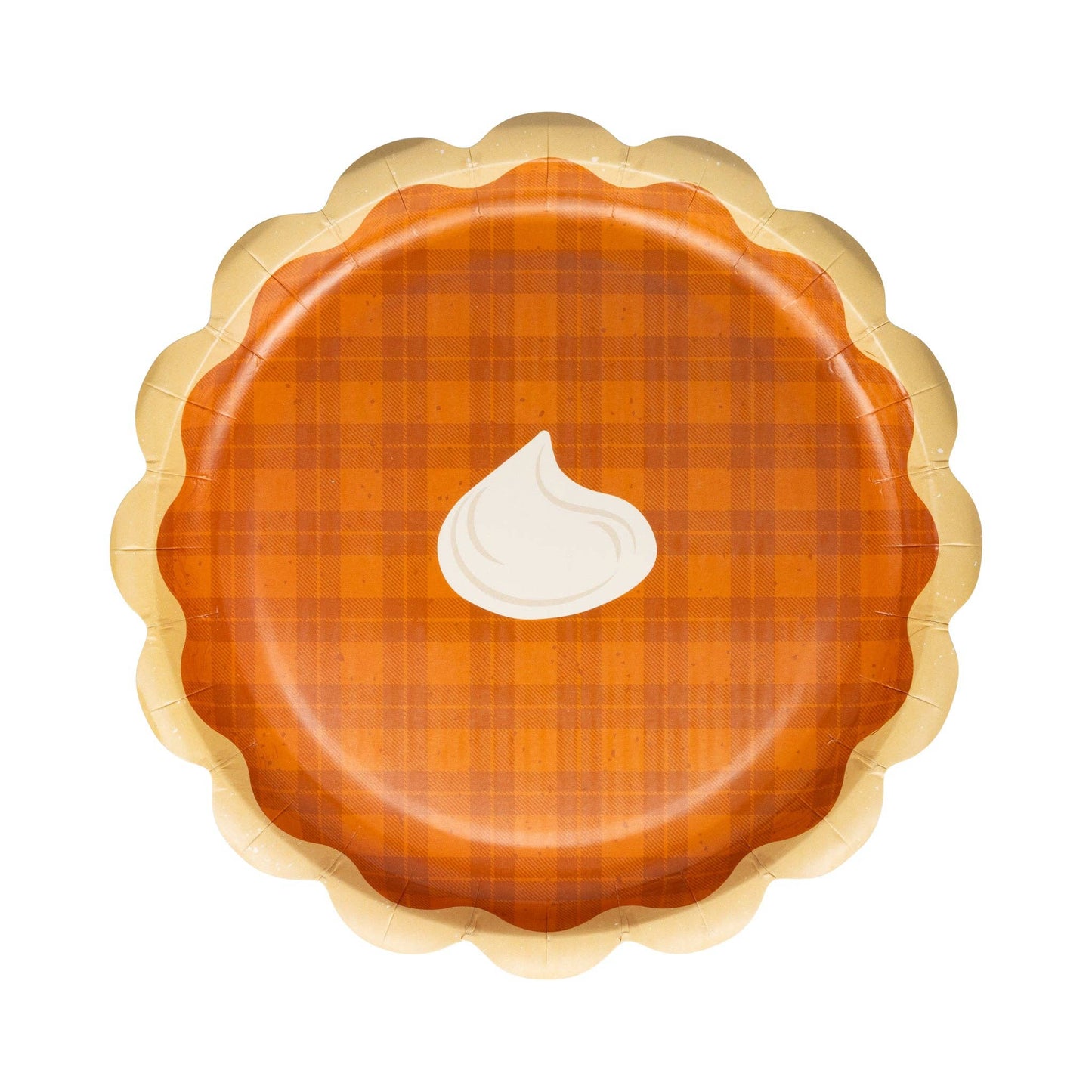 Pumpkin pie shaped paper plate with a plaid pattern on a white background.