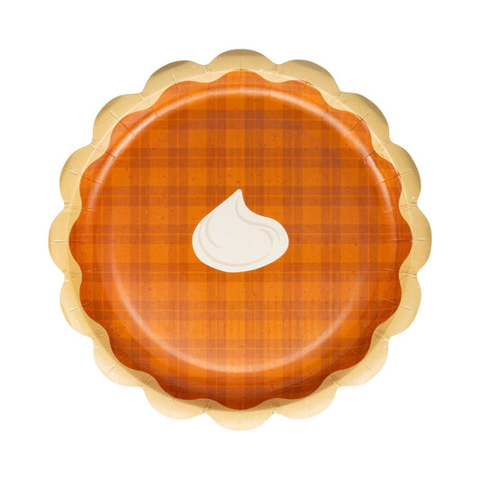 Pumpkin pie shaped paper plate with a plaid pattern on a white background.