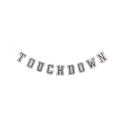Ribbon banner with black & white text 'TOUCHDOWN'  on a white background