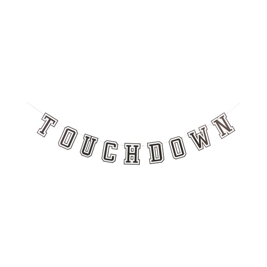 Ribbon banner with black & white text 'TOUCHDOWN'  on a white background