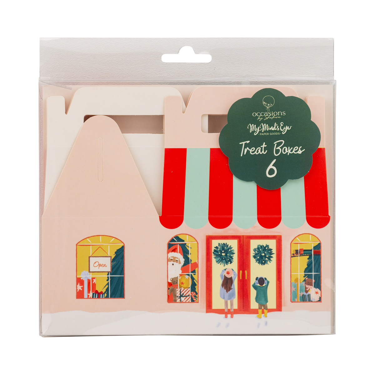Pack of 6 paper craft treat boxes shaped like Christmas storefronts, in clear plastic packaging with a green paper label that reads 'occasions MyMaker craft supplies Treat Boxes 6'.
