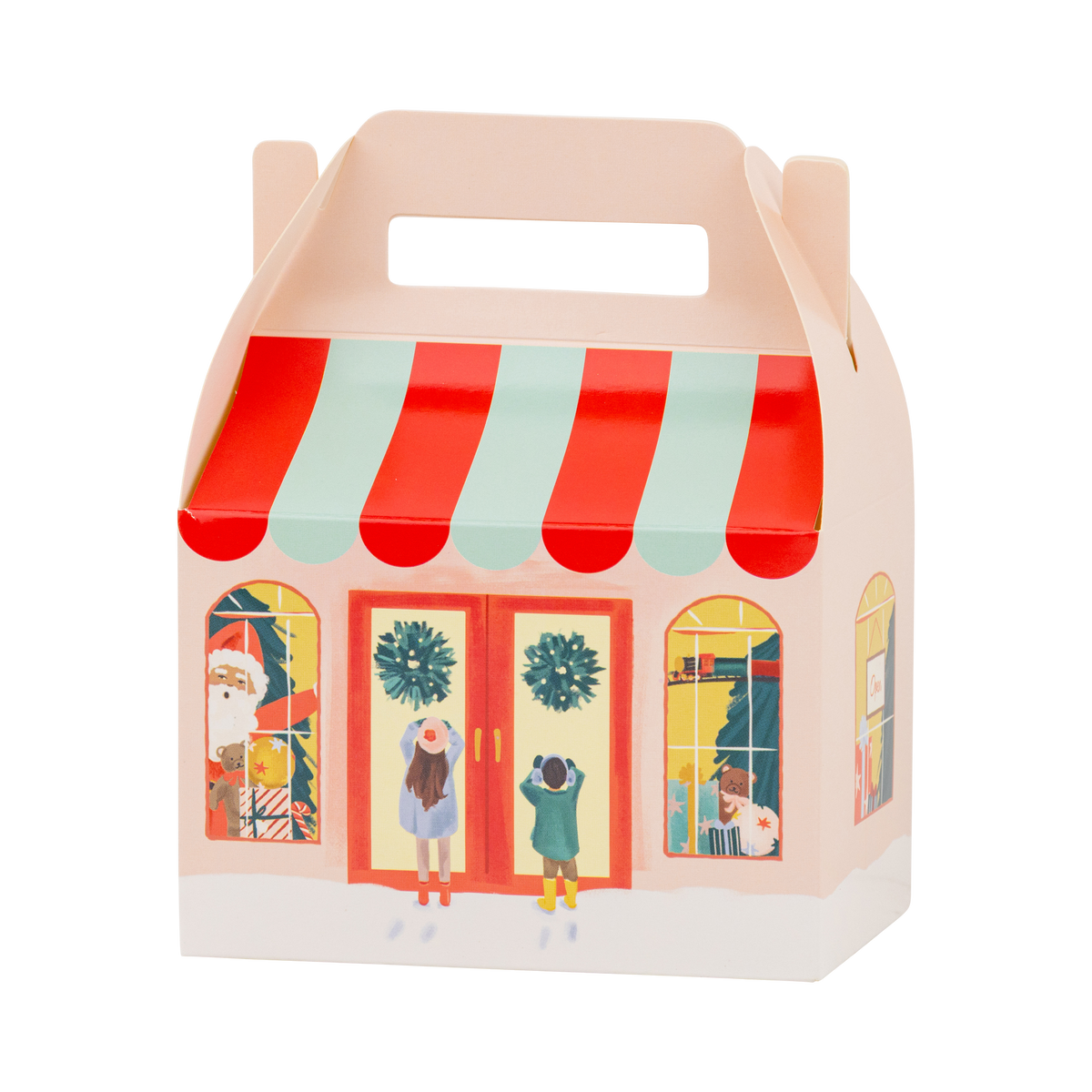 A light colored paper gift box shaped like a toy storefront, with a red and mint striped awning, illustrated shop windows, holiday wreaths, and a handle on top, shown on a white background.