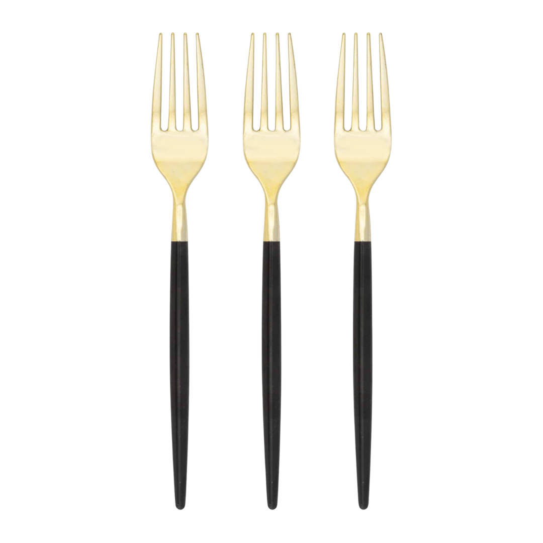 Three gold-plated plastic forks with black handles, arranged vertically side-by-side on a plain white background.