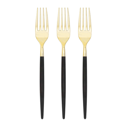Three gold-plated plastic forks with black handles, arranged vertically side-by-side on a plain white background.