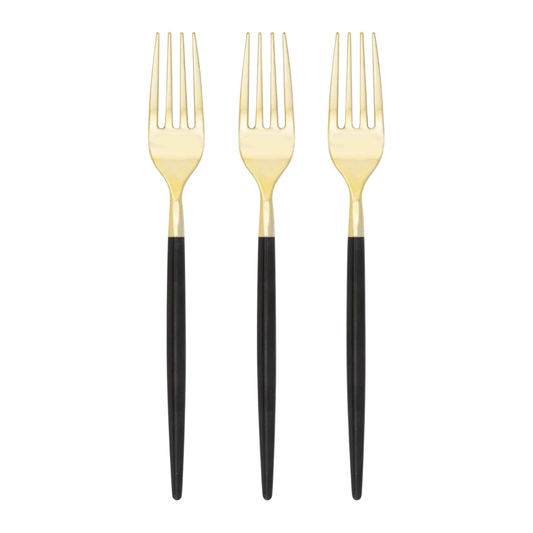 Three gold-plated plastic forks with black handles, arranged vertically side-by-side on a plain white background.