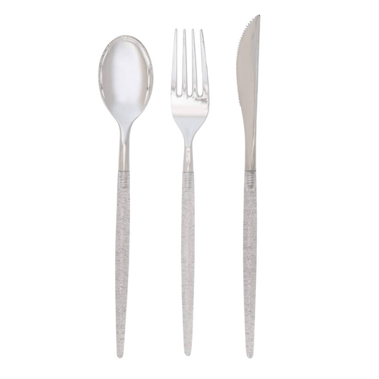 Two-Tone Silver Glitter Plastic Cutlery Set | 32 Pieces