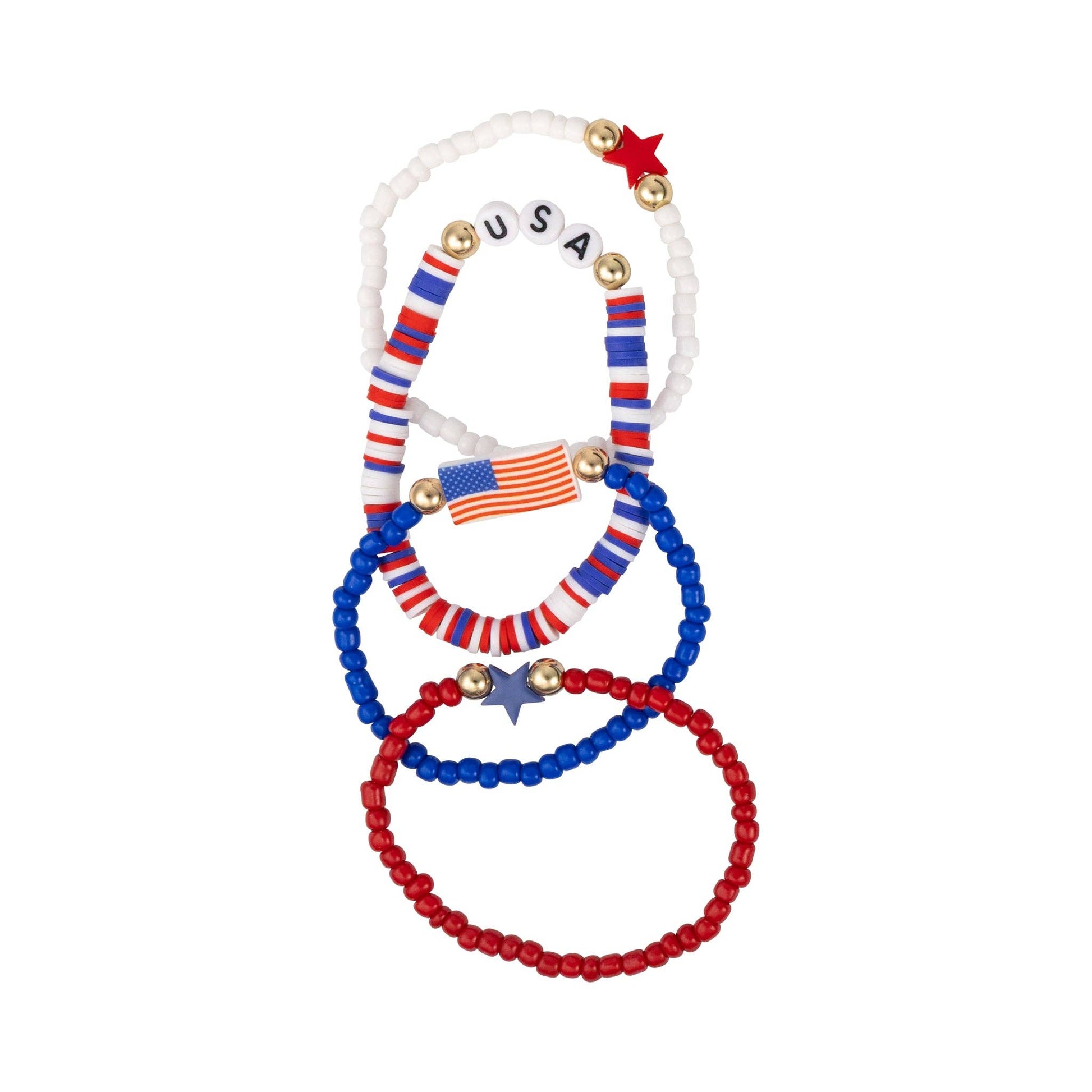 Set of four beaded bracelets with American flag and star designs on a white background