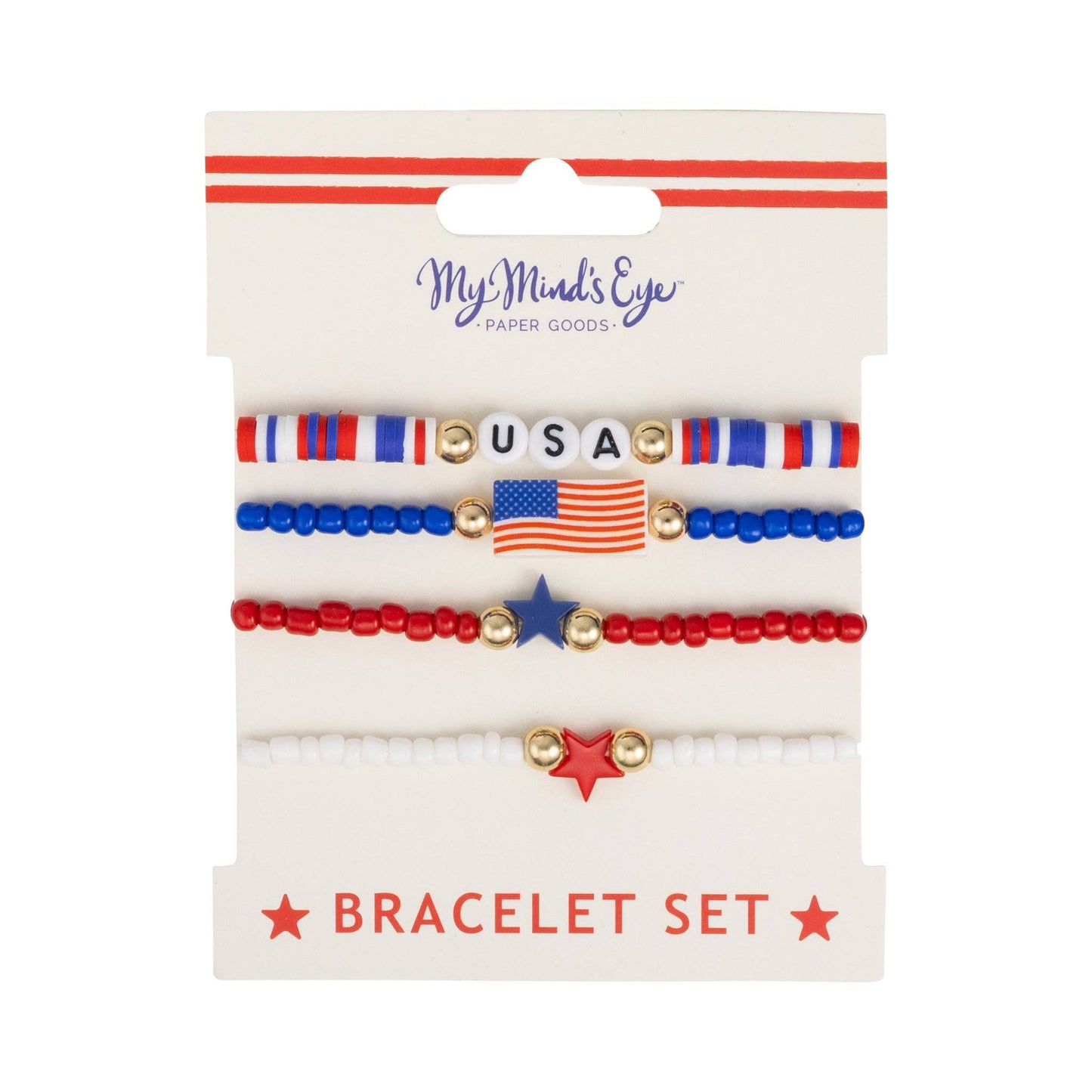 Set of patriotic bracelets with USA and American flag design on a branded card.
