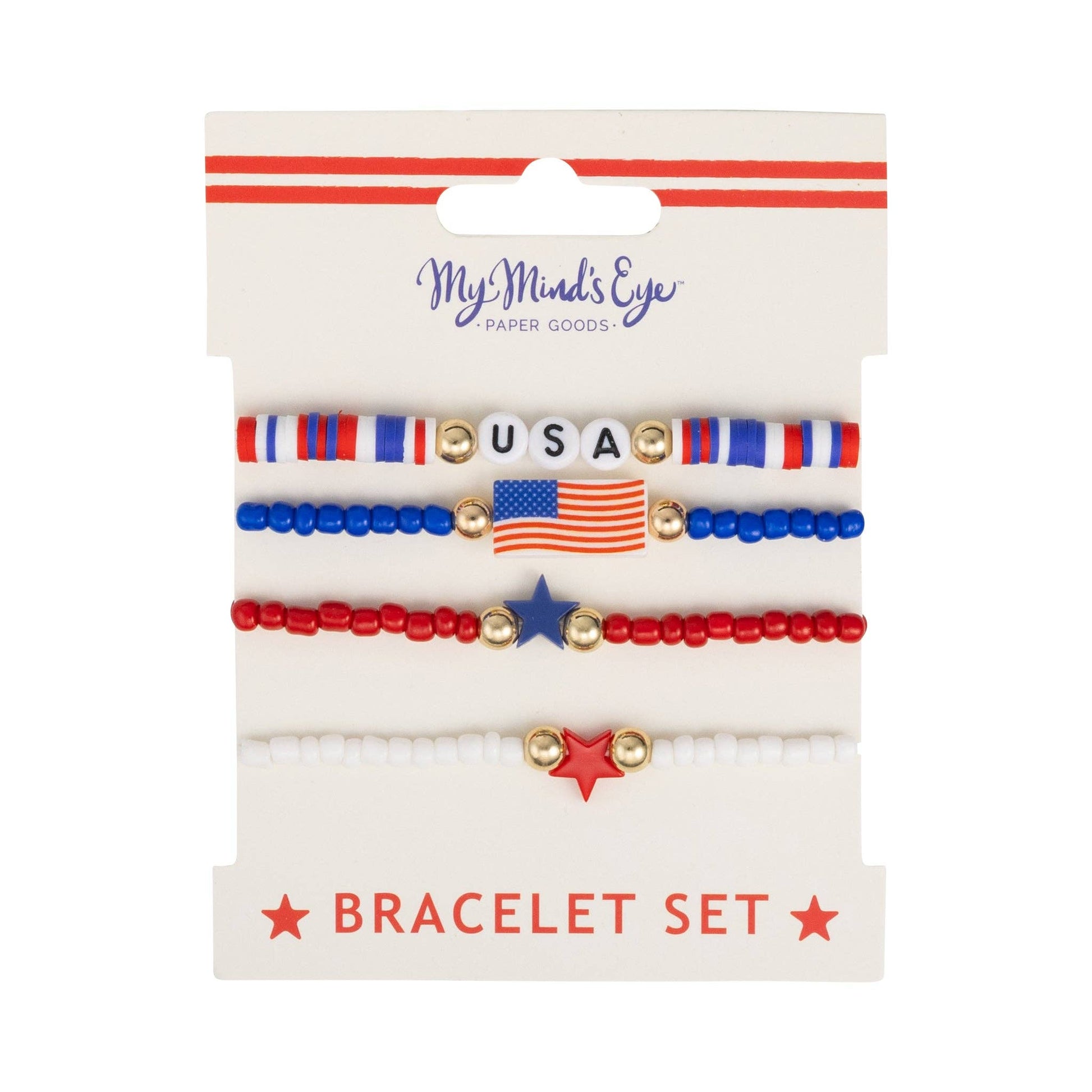Set of patriotic bracelets with USA and American flag design on a branded card.