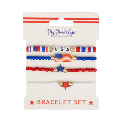 Set of patriotic bracelets with USA and American flag design on a branded card.