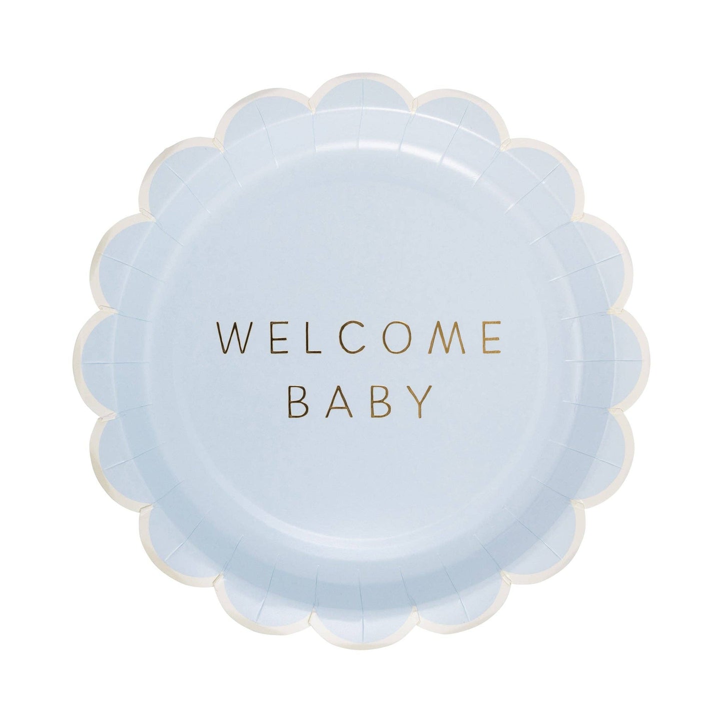 Scalloped Blue paper plate with 'Welcome Baby' gold foil text on a white background.