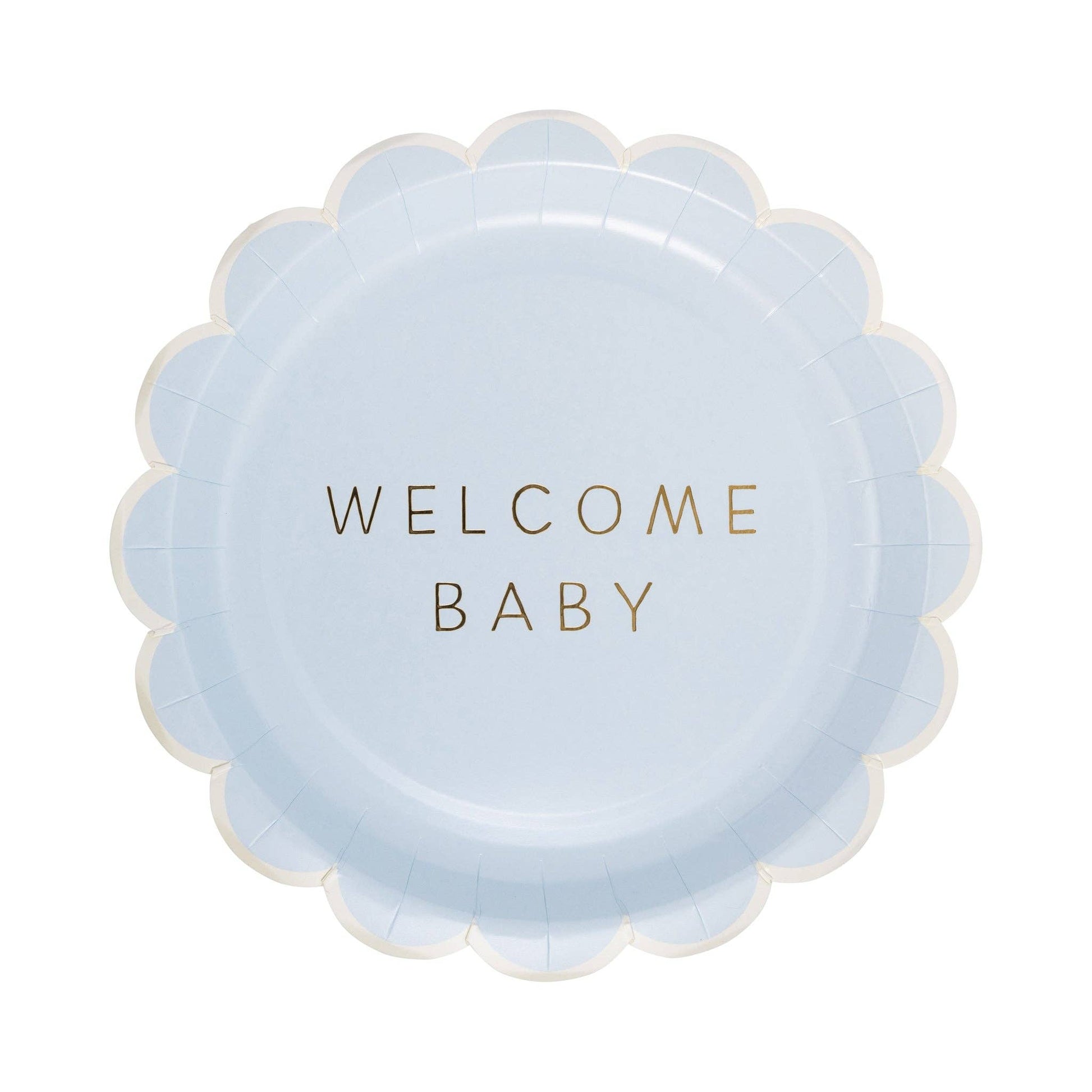Scalloped Blue paper plate with 'Welcome Baby' gold foil text on a white background.