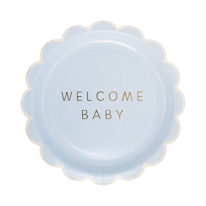 Scalloped Blue paper plate with 'Welcome Baby' gold foil text on a white background.