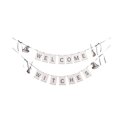 Halloween-themed banner with 'Welcome Witches' text on a white background