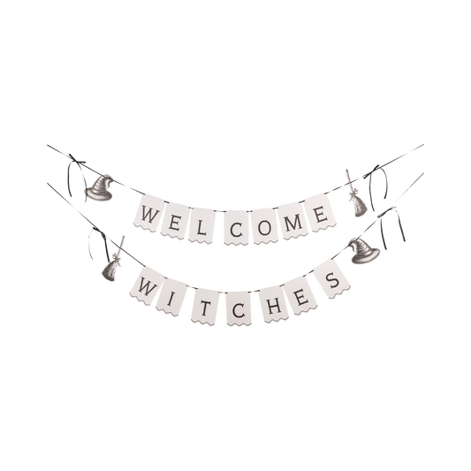 Halloween-themed banner with 'Welcome Witches' text on a white background