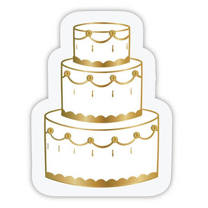 White Die Cut Napkins featuring Gold foil accent design of a three tier Wedding Cake with scallop detailing on cake. 