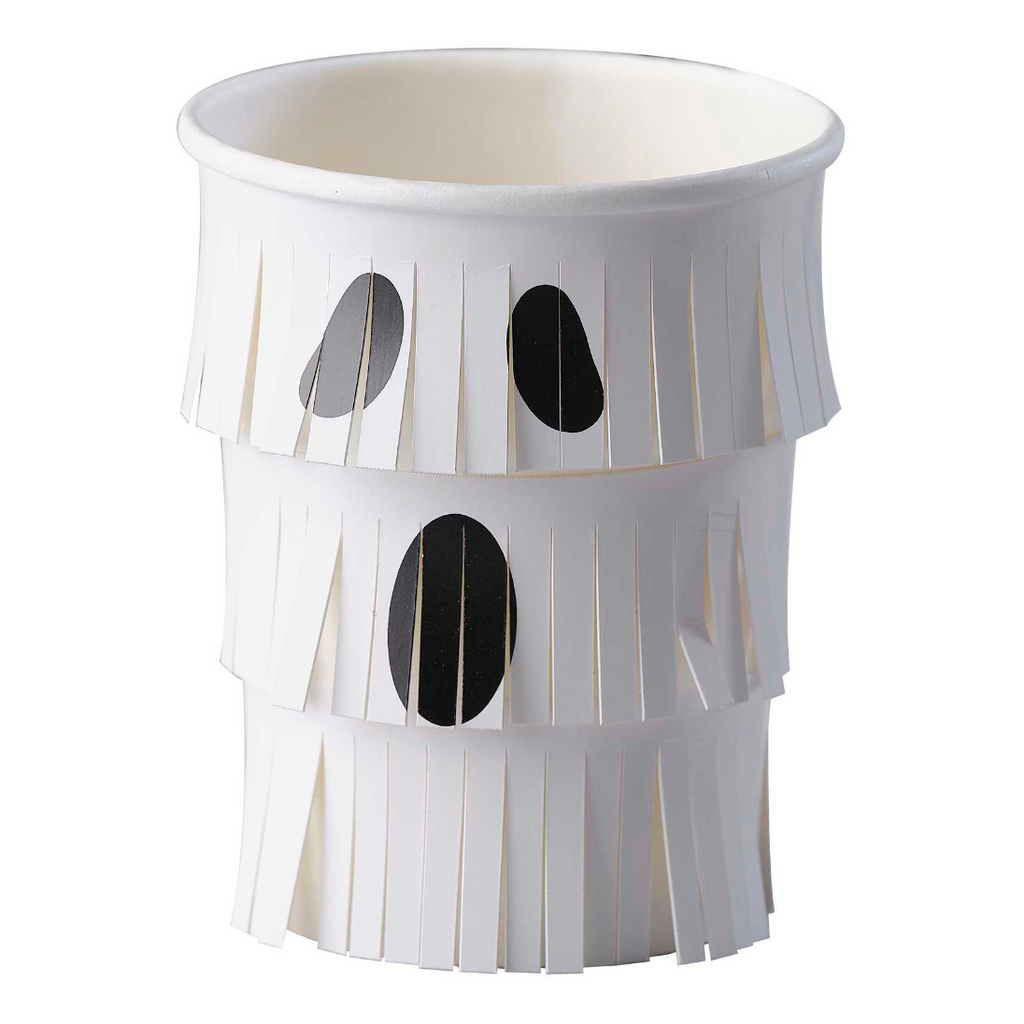 White Ghost Paper Party Cup, featuring layers of white fringe and a spooky black ghost mouth and eyes