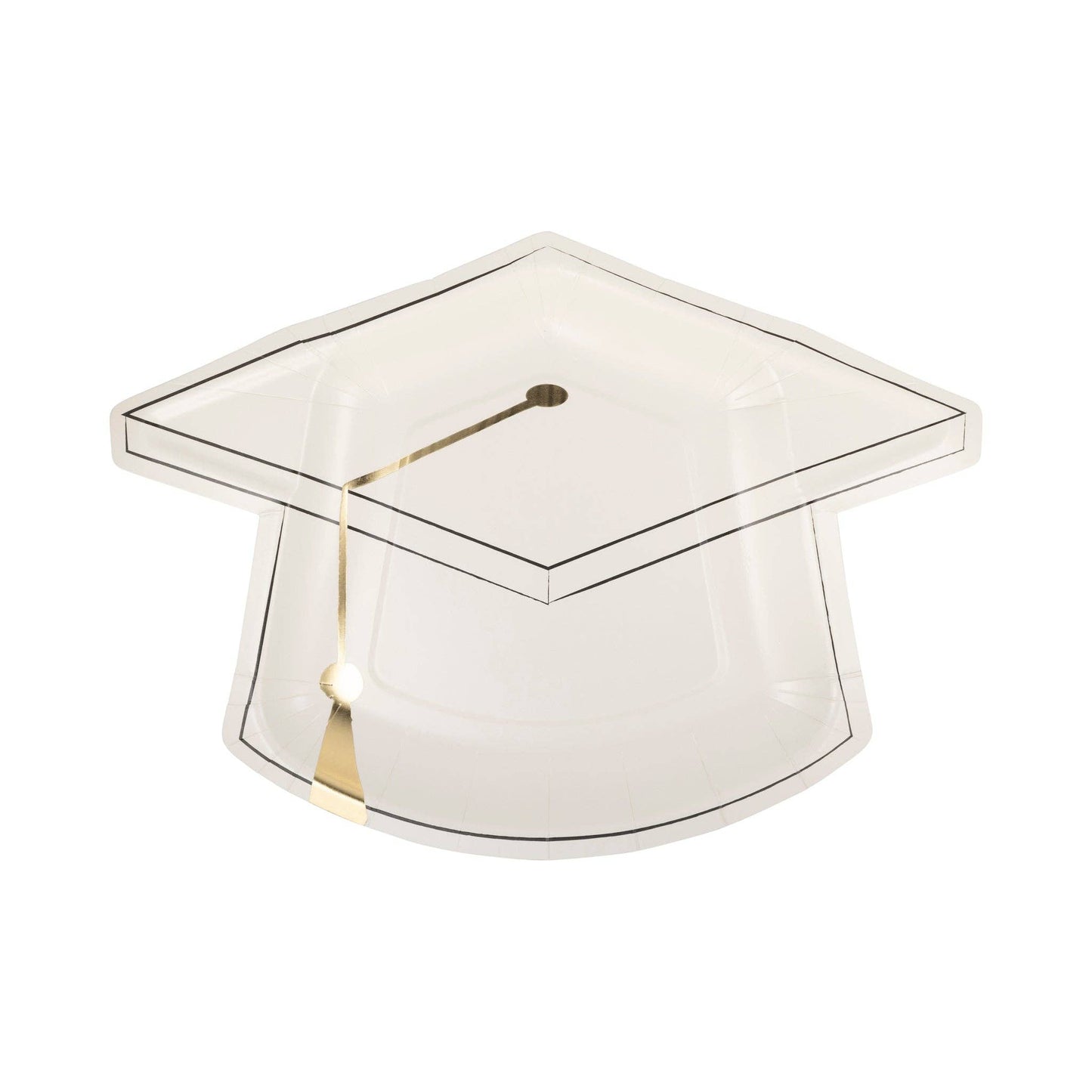White graduation cap shaped plate with gold accents on a white background