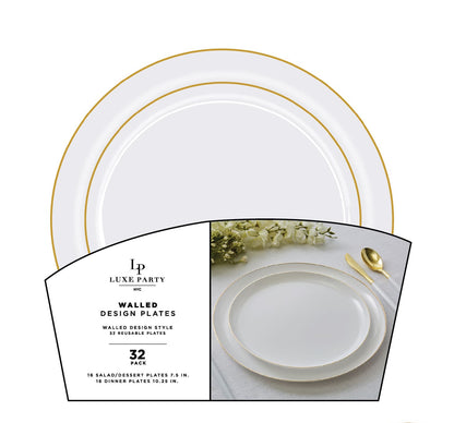 A 32-pack of white walled design plates with a thin gold rim, shown with a product information card and decorative gold spoon and flowers on a clean white background. 