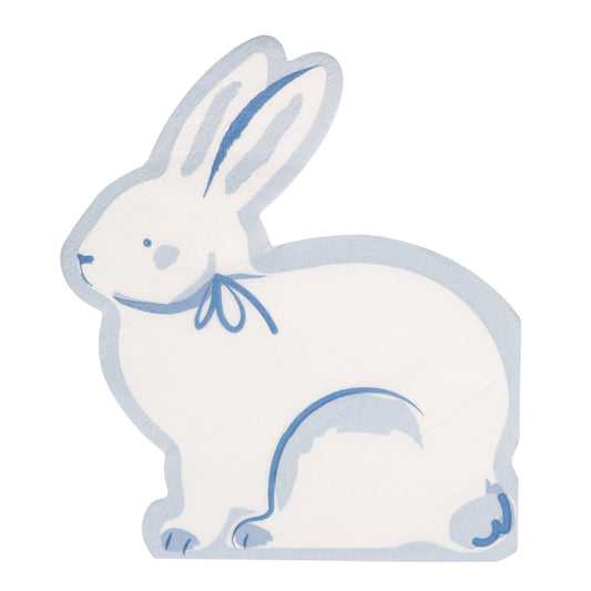 White rabbit shaped paper napkin with blue accents on a white background.