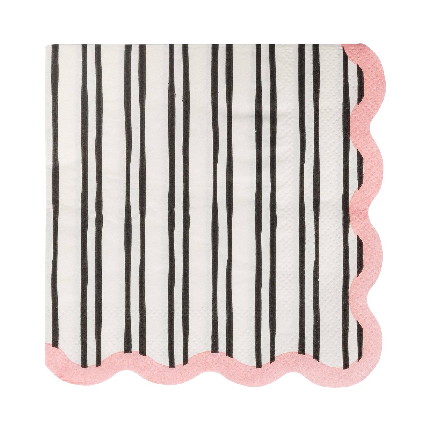 Striped paper beverage napkin with black and white vertical stripes and pink scalloped edge.