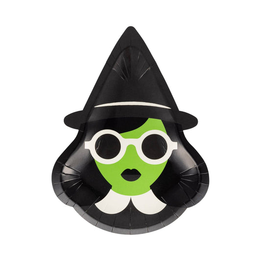 Halloween-themed paper plate with green witch design on a white background