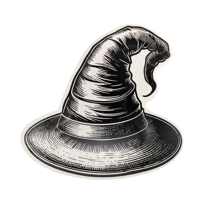 Black and white illustration of a witch's hat on a white background