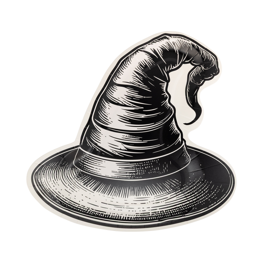 Black and white illustration of a witch's hat on a white background