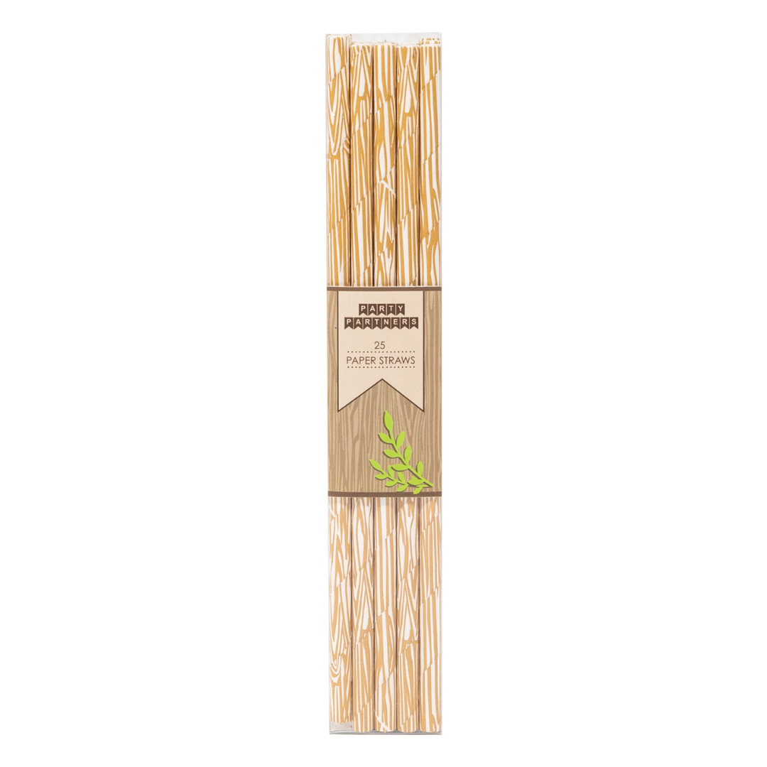 A bundle of beige paper straws with a wood grain print, packaged in a clear plastic tube with a cardboard label that reads 'Natural Wood Print Paper Straws'.