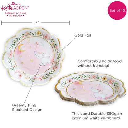 Pink Elephant Baby Shower Premium Small Paper Plates - 16pk