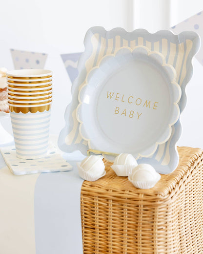 Baby Blue Striped 10" Scalloped Edge Paper Plates - 8pk