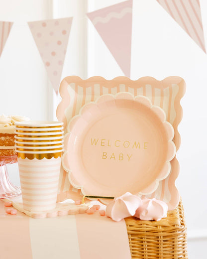 Baby Pink Striped 10" Scalloped Edge Paper Plates - 8pk