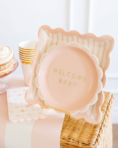 Welcome Baby Girl Pink Scalloped Paper Plates- 8pk