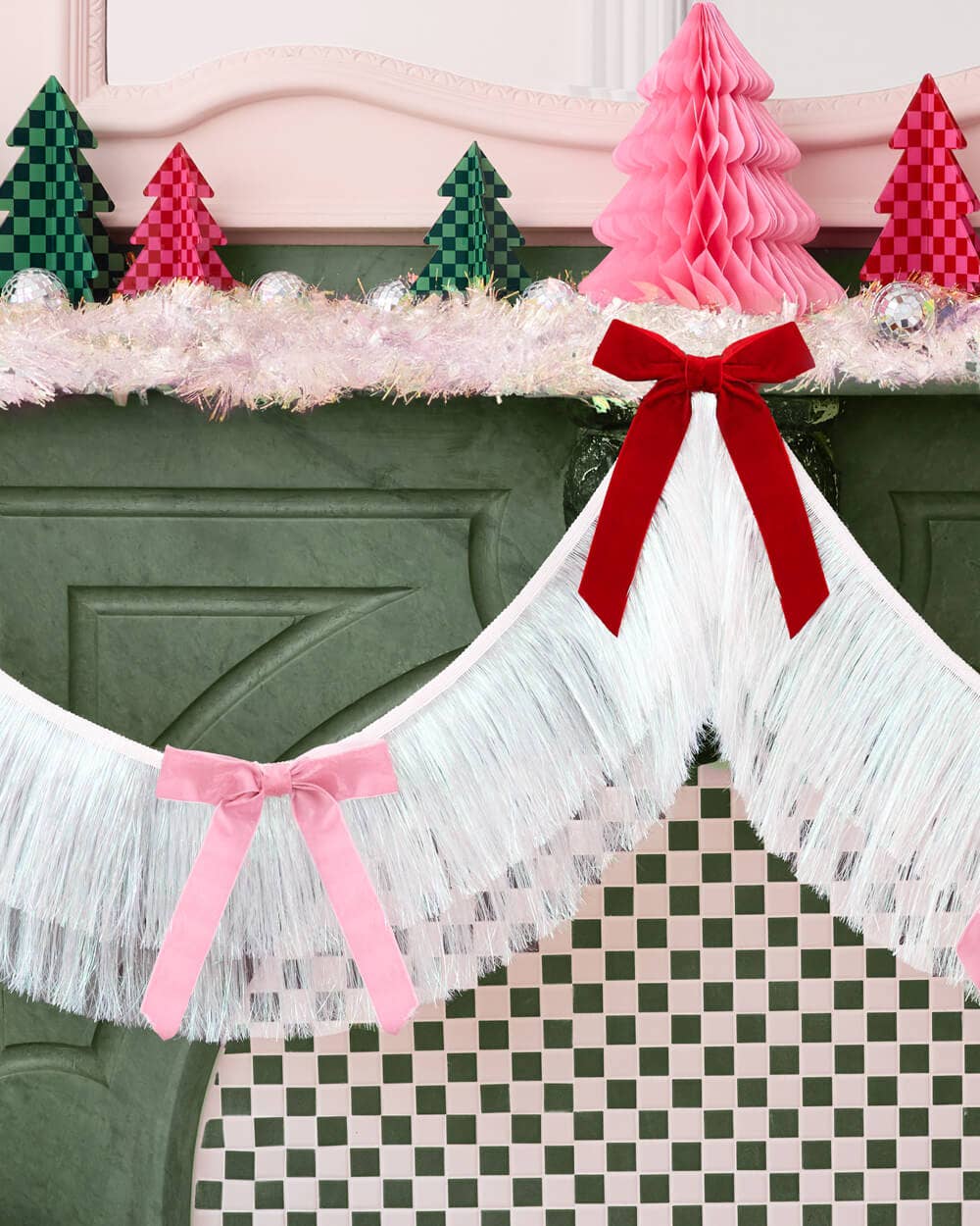 White Iridescent Fringe Garland with Red and Pink Velvet Bows