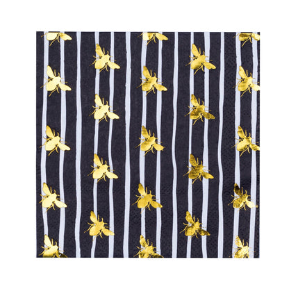 Striped Gold Foil Bee Cocktail Napkins - 20 Pk.