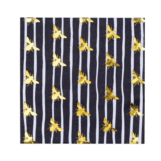 Striped Gold Foil Bee Cocktail Napkins - 20 Pk.