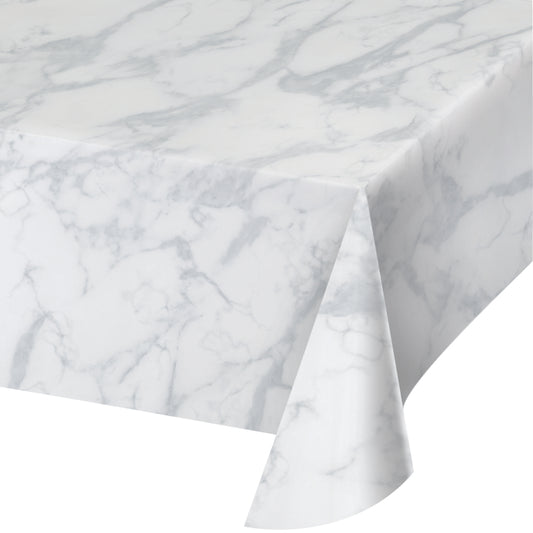 White Marble Print Plastic Table Cover - 54" x 108"