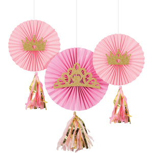 Pink Princess Party Fans with Tassels and Glitter Crown Attachments